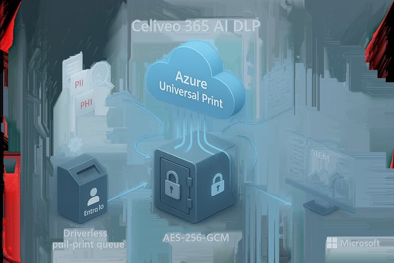 Celiveo 365 AI DLP secures Azure Universal Print via AES-256-GCM in a pull-print workflow.