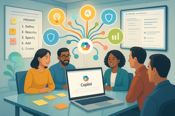 Diverse team brainstorms around a laptop displaying Copilot and a colorful idea network.