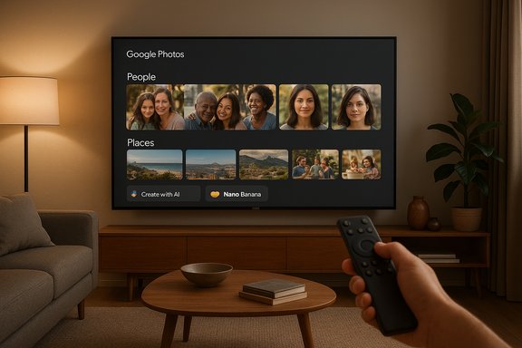 Cozy living room with a wall-mounted TV showing Google Photos grids and a hand on the remote.
