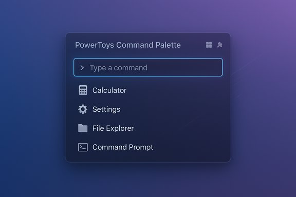 PowerToys Command Palette UI with a search field and options: Calculator, Settings, File Explorer, Command Prompt.
