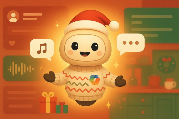 A cute, smiling figure wearing a Santa hat floats in a warm, festive scene with gifts and chat bubbles.