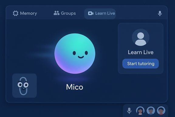 A blue, futuristic learning app UI with a gradient circle avatar Mico and a “Start tutoring” panel.