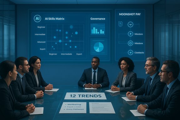 Diverse professionals sit around a glass table as a blue holographic display shows 12 TRENDS.
