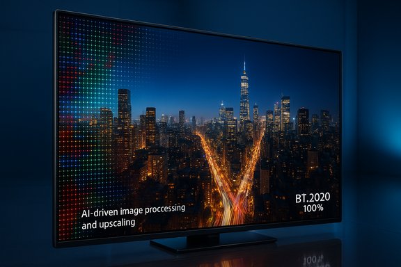 A large flat-screen TV displays a night cityscape with AI-driven image processing and BT.2020 colors.