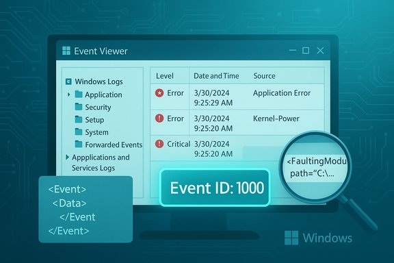 A Windows Event Viewer window displaying error logs with a magnifying glass and Event ID: 1000.