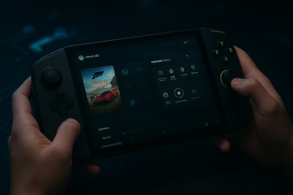 A person holds a handheld gaming console, browsing a game library on the screen.