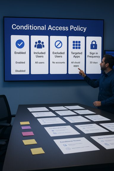 A man points at a large screen displaying a Conditional Access Policy dashboard.
