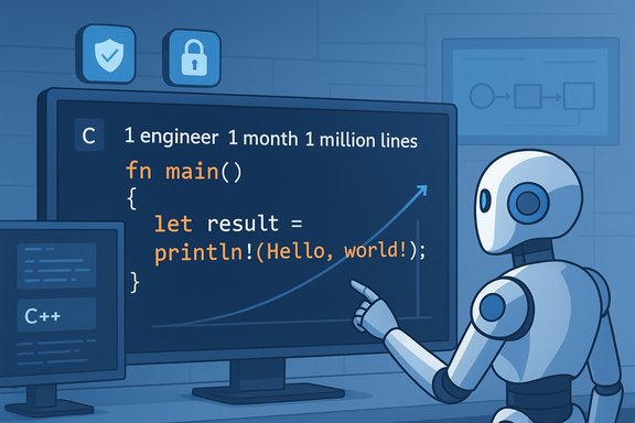 A robot instructor points at a monitor displaying Rust code and a rising graph.