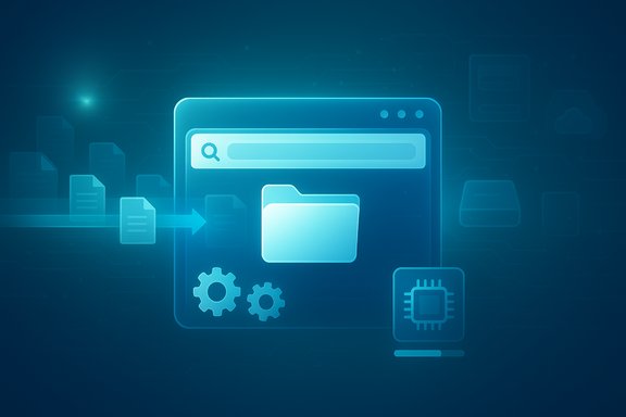 Blue futuristic UI with a folder, search bar, gears, and a processor icon representing data flow.