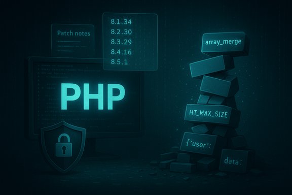 PHP code scene with a security shield, patch notes, and stacked data blocks. PHP code scene with a security shield, patch notes, and stacked data blocks.