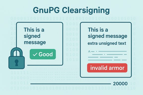 GnuPG Clearsigning: left is a signed message (valid), right shows extra unsigned text (invalid armor).