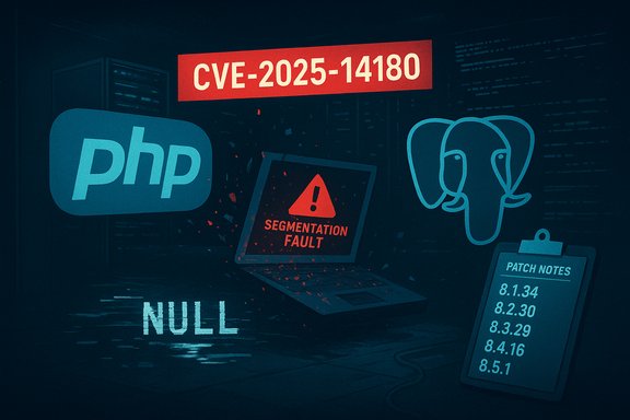 CVE-2025-14180 triggers a segmentation fault in PHP and PostgreSQL, with patch notes displayed.