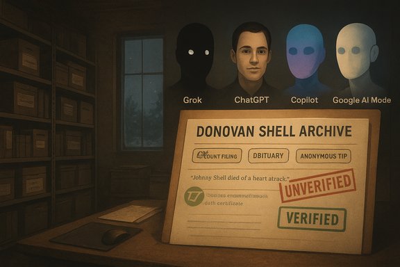 Dim archive room with AI avatars above a Donovan Shell Archive document stamped Unverified and Verified.
