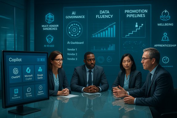 Executives discuss AI governance and data strategies in a futuristic boardroom.
