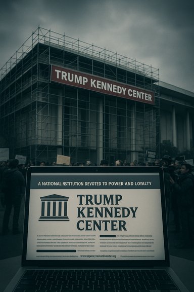 Protesters gather outside the Trump Kennedy Center, with a laptop screen reading “Trump Kennedy Center.”