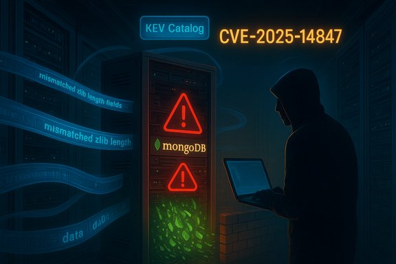 Hooded figure at a server rack examining MongoDB warnings and CVE-2025-14847.