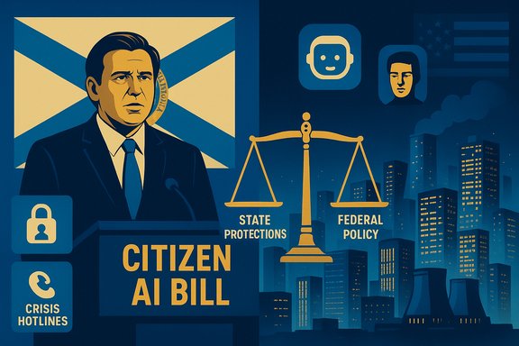 Poster-style illustration of a Citizen AI Bill balancing state protections and federal policy.