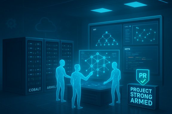 Holographic researchers map a neural network on a large display in a blue data lab.