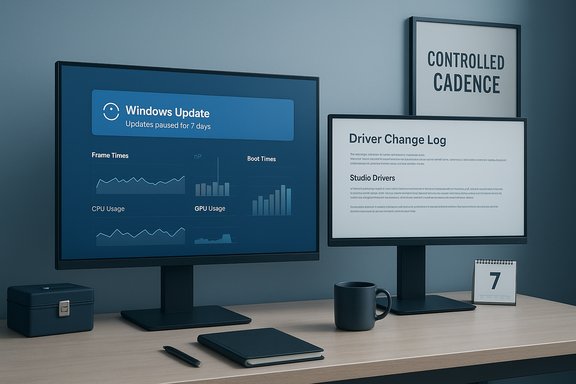 A tech desk with twin monitors showing Windows Update paused and a Driver Change Log. A tech desk with twin monitors showing Windows Update paused and a Driver Change Log.