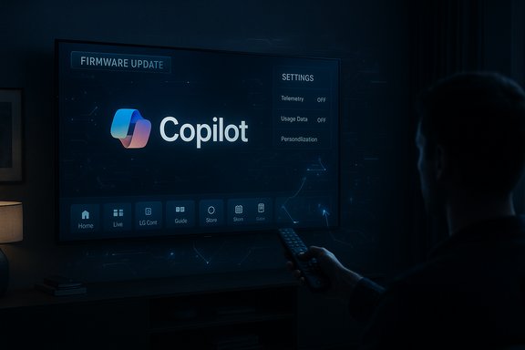 Person in a dark living room uses a remote to control a large screen showing Copilot firmware update UI.