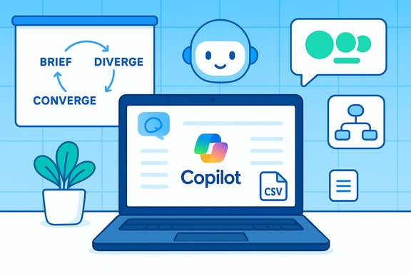 Laptop screen shows Copilot with a CSV icon, surrounded by charts and a whiteboard.