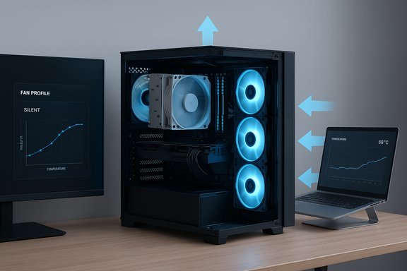 PC tower with blue-lit cooling fans and airflow arrows; monitor shows a fan profile.