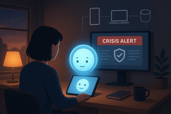 A person at a desk at night, wearing a mask, uses a glowing AI chatbot on a tablet as crisis alert appears on monitor.