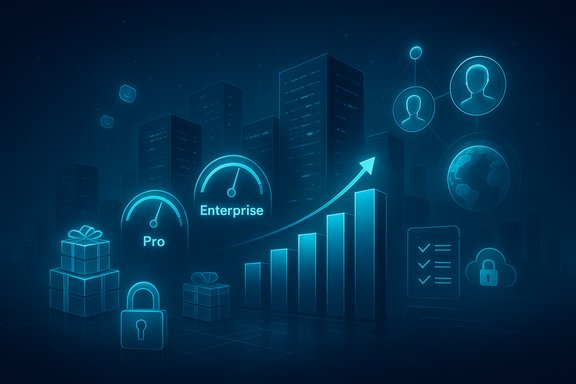 Neon blue cityscape with rising bar chart, Pro/Enterprise gauges, and cloud/security icons.