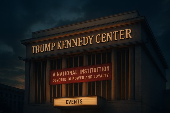 Trump Kennedy Center, a neoclassical building with a red banner about power and loyalty at dusk.