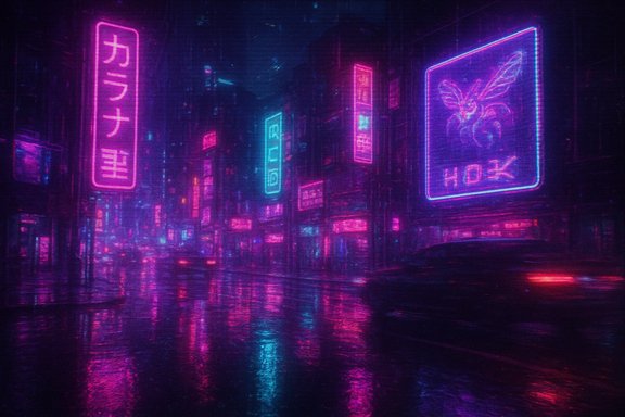 Neon-lit cyberpunk city at night with rain-slick streets reflecting pink and blue neon signs.