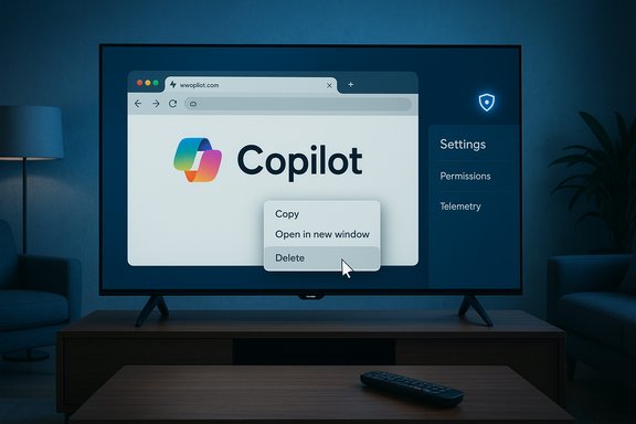 A TV screen shows Copilot with a context menu including Copy, Open in new window, and Delete.