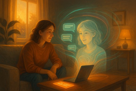 A woman sits on a couch, chatting with a glowing holographic figure projected from a laptop.
