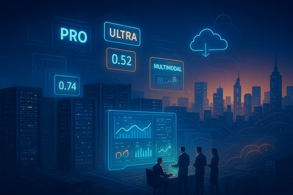Futuristic city at dusk with neon holographic data panels and professionals analyzing data.