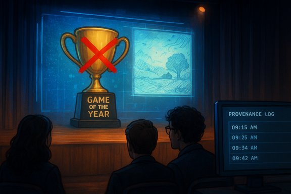 Gold 'Game of the Year' trophy marked with a red X sits on stage as the audience watches.