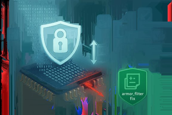 Illustration of hardware security: shield with a padlock above a microchip.