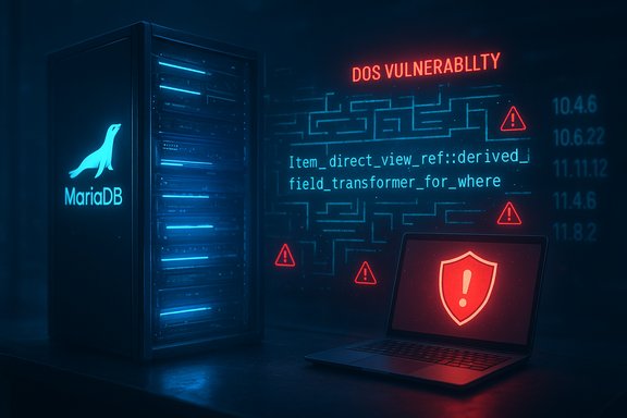 MariaDB server with a laptop displaying red vulnerability warnings and code.