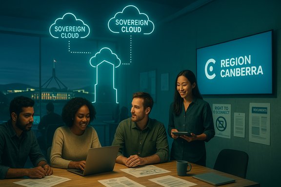 A diverse team collaborates in a meeting with neon Sovereign Cloud graphics and a Canberra regional display.