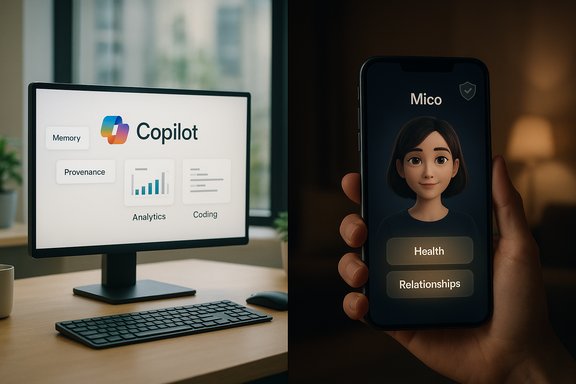 Split-screen: left desktop Copilot dashboard; right mobile avatar app showing Health and Relationships.
