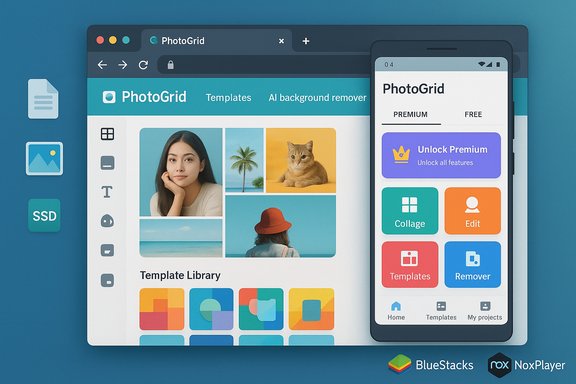 PhotoGrid UI on desktop and mobile showcases templates, collage tools, and a template library.
