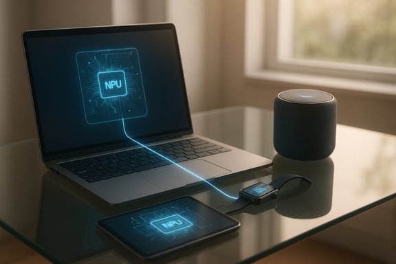 Laptop and phone display a glowing NPU graphic, linked by a blue line, beside a smart speaker. Laptop and phone display a glowing NPU graphic, linked by a blue line, beside a smart speaker.