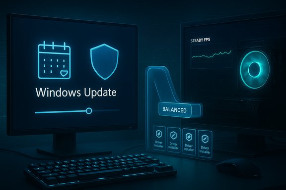 Futuristic PC setup showing Windows Update progress with a shield icon and performance graphs.