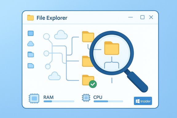 A File Explorer interface with a magnifying glass inspecting a folder tree.