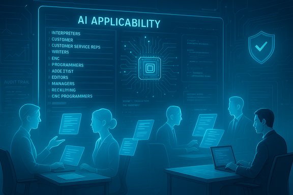 A futuristic team reviews AI applicability on a glowing digital dashboard.