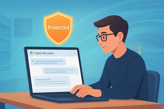 A person types on a laptop running Copilot 365, under a Protected shield.