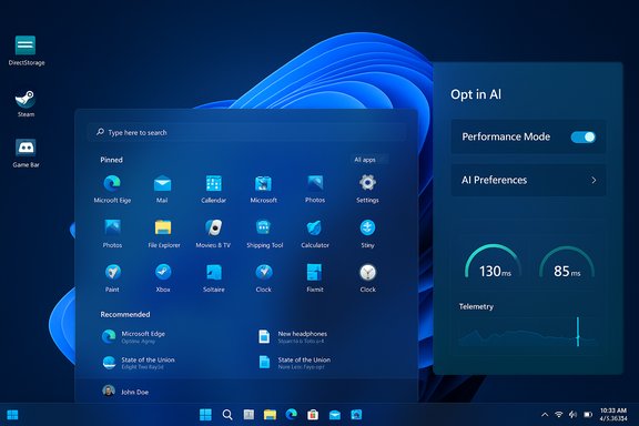 Blue Windows-like desktop with a floating AI opt-in panel beside the app grid.