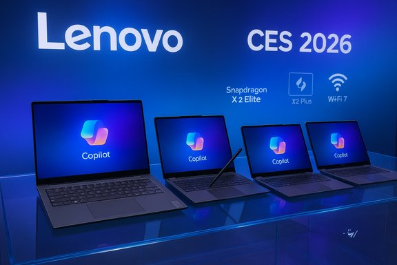 Lenovo CES 2026 display featuring four laptops with Copilot on their screens.