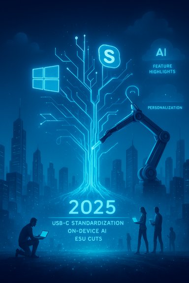 Neon blue cityscape with a glowing circuit-tree, robotic arm, and 2025 USB-C AI highlights.