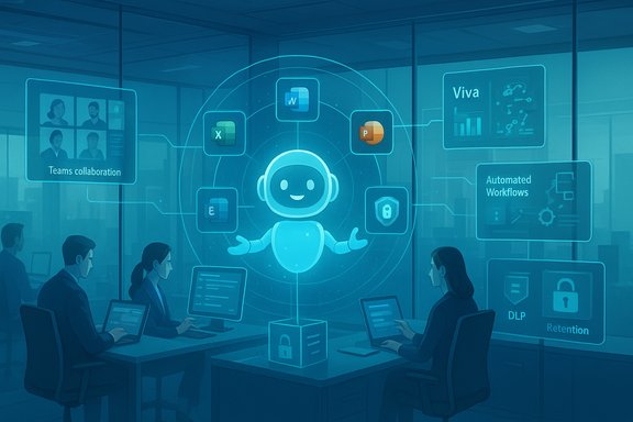 A holographic robot guides a team through collaboration and automated workflows in a modern office.