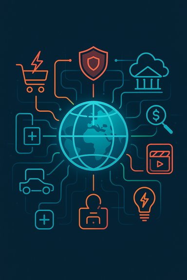Neon global network of interconnected icons for e-commerce, security, cloud, and finance.