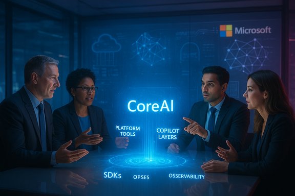 A diverse team discusses CoreAI’s platform, tools, and copilots around a glowing holographic display.